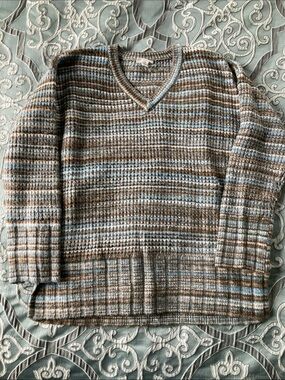 Women’s a.n.a. Blue & Brown V-Neck Striped Sweater size Petite M